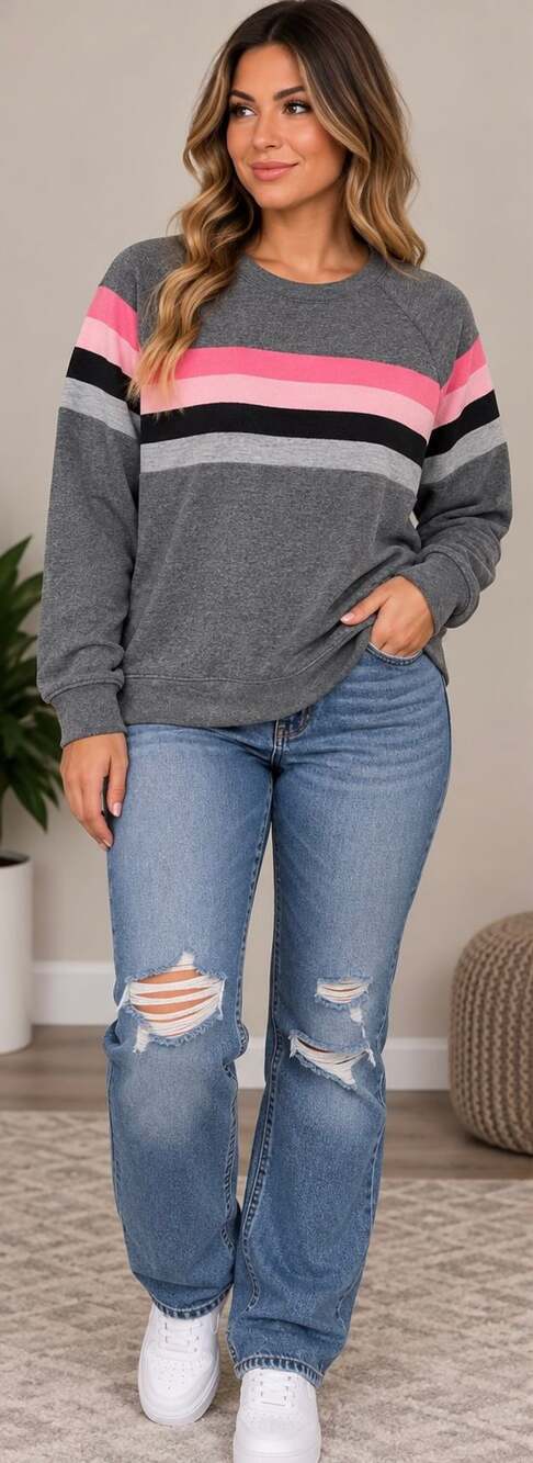 beachlunchlounge Sweatshirt Size S/P Gray Striped Sleeve Pullover